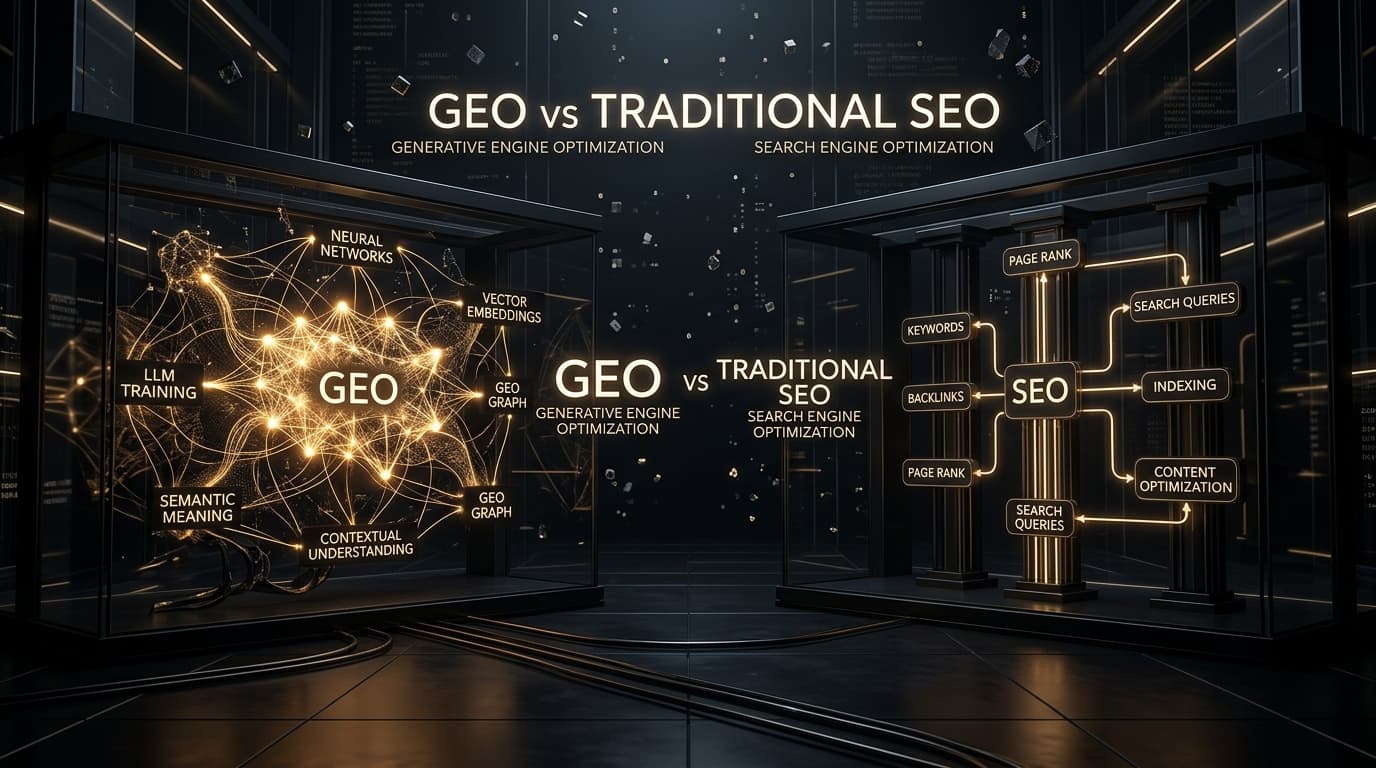 Wizualizacja Generative Engine Optimization GEO versus tradycyjne SEO w estetyce dark luxury