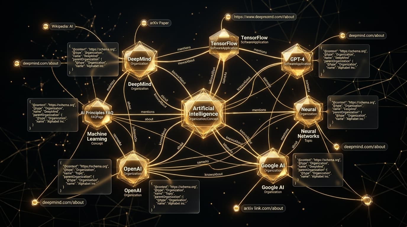 Trójwymiarowy Graf Wiedzy Schema.org JSON-LD łączący encje biznesowe dla sztucznej inteligencji